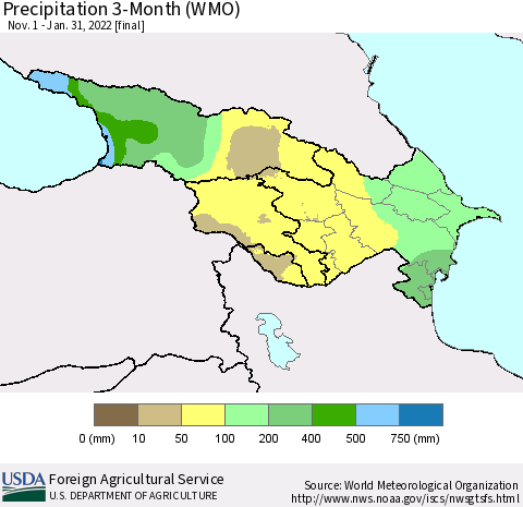 Azerbaijan, Armenia and Georgia Precipitation 3-Month (WMO) Thematic Map For 11/1/2021 - 1/31/2022