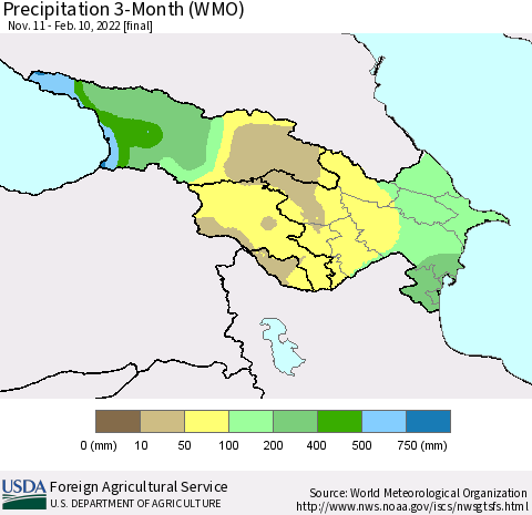 Azerbaijan, Armenia and Georgia Precipitation 3-Month (WMO) Thematic Map For 11/11/2021 - 2/10/2022