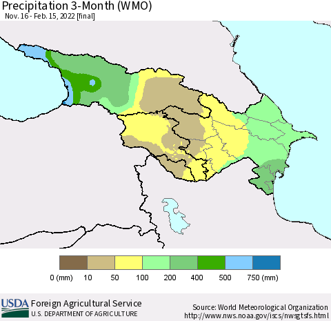 Azerbaijan, Armenia and Georgia Precipitation 3-Month (WMO) Thematic Map For 11/16/2021 - 2/15/2022