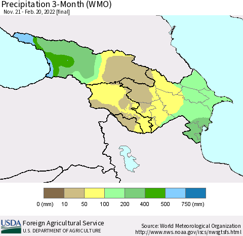 Azerbaijan, Armenia and Georgia Precipitation 3-Month (WMO) Thematic Map For 11/21/2021 - 2/20/2022