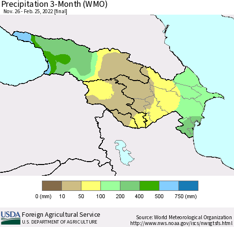 Azerbaijan, Armenia and Georgia Precipitation 3-Month (WMO) Thematic Map For 11/26/2021 - 2/25/2022