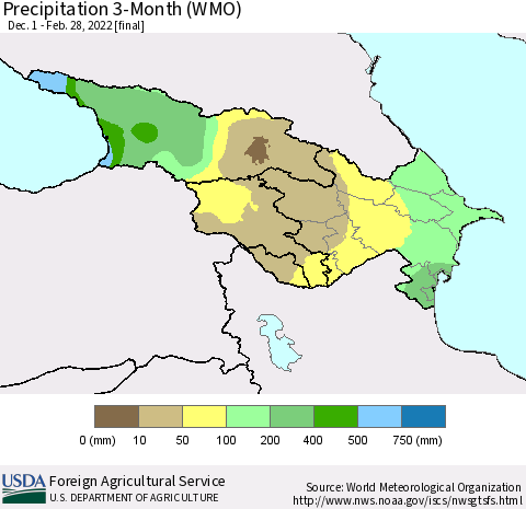 Azerbaijan, Armenia and Georgia Precipitation 3-Month (WMO) Thematic Map For 12/1/2021 - 2/28/2022