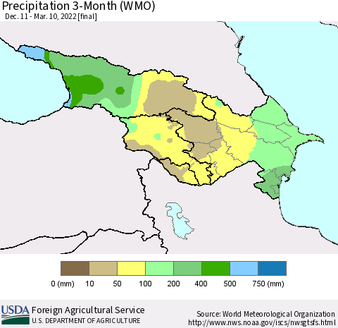 Azerbaijan, Armenia and Georgia Precipitation 3-Month (WMO) Thematic Map For 12/11/2021 - 3/10/2022