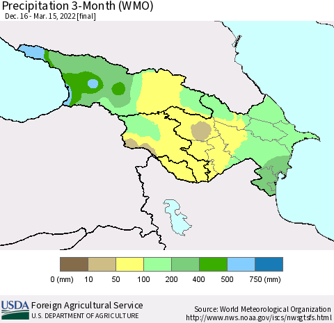 Azerbaijan, Armenia and Georgia Precipitation 3-Month (WMO) Thematic Map For 12/16/2021 - 3/15/2022