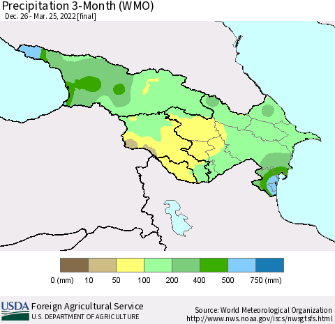 Azerbaijan, Armenia and Georgia Precipitation 3-Month (WMO) Thematic Map For 12/26/2021 - 3/25/2022