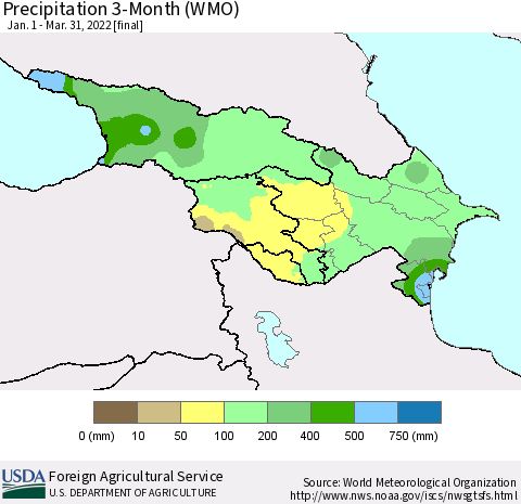 Azerbaijan, Armenia and Georgia Precipitation 3-Month (WMO) Thematic Map For 1/1/2022 - 3/31/2022