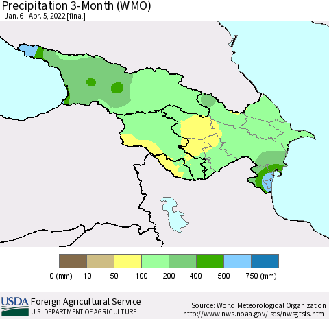 Azerbaijan, Armenia and Georgia Precipitation 3-Month (WMO) Thematic Map For 1/6/2022 - 4/5/2022