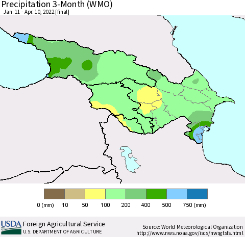 Azerbaijan, Armenia and Georgia Precipitation 3-Month (WMO) Thematic Map For 1/11/2022 - 4/10/2022