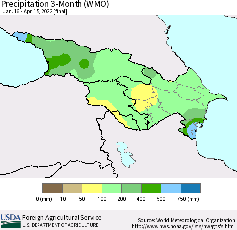 Azerbaijan, Armenia and Georgia Precipitation 3-Month (WMO) Thematic Map For 1/16/2022 - 4/15/2022