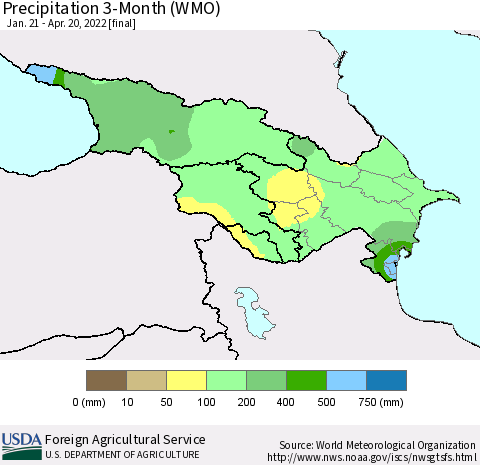 Azerbaijan, Armenia and Georgia Precipitation 3-Month (WMO) Thematic Map For 1/21/2022 - 4/20/2022