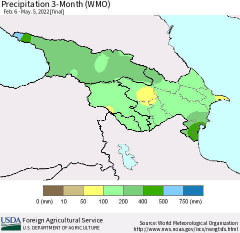 Azerbaijan, Armenia and Georgia Precipitation 3-Month (WMO) Thematic Map For 2/6/2022 - 5/5/2022