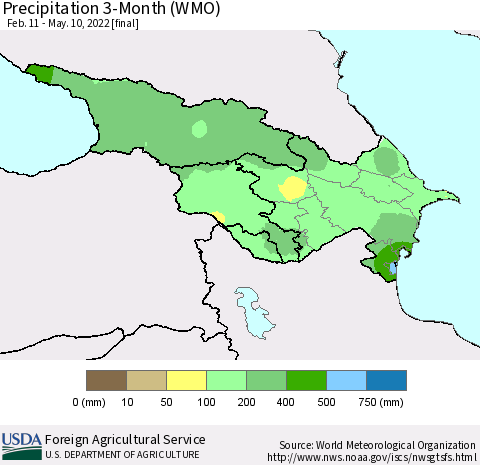 Azerbaijan, Armenia and Georgia Precipitation 3-Month (WMO) Thematic Map For 2/11/2022 - 5/10/2022