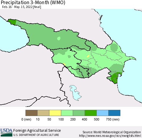 Azerbaijan, Armenia and Georgia Precipitation 3-Month (WMO) Thematic Map For 2/16/2022 - 5/15/2022