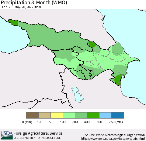 Azerbaijan, Armenia and Georgia Precipitation 3-Month (WMO) Thematic Map For 2/21/2022 - 5/20/2022