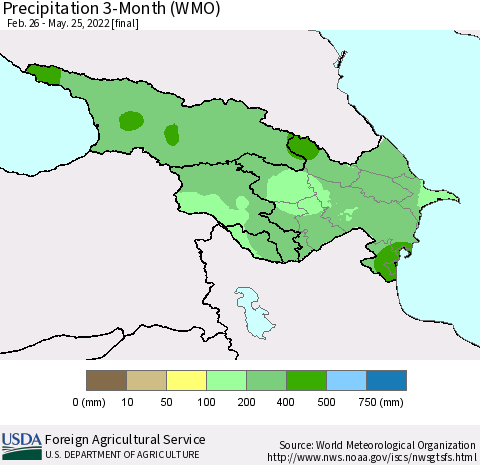Azerbaijan, Armenia and Georgia Precipitation 3-Month (WMO) Thematic Map For 2/26/2022 - 5/25/2022