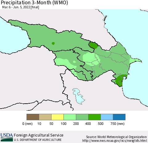 Azerbaijan, Armenia and Georgia Precipitation 3-Month (WMO) Thematic Map For 3/6/2022 - 6/5/2022