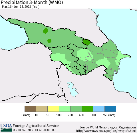 Azerbaijan, Armenia and Georgia Precipitation 3-Month (WMO) Thematic Map For 3/16/2022 - 6/15/2022