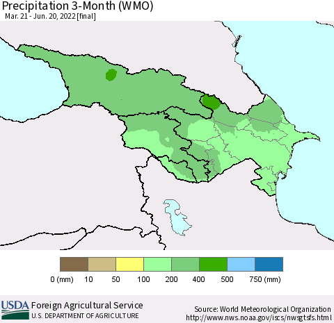 Azerbaijan, Armenia and Georgia Precipitation 3-Month (WMO) Thematic Map For 3/21/2022 - 6/20/2022