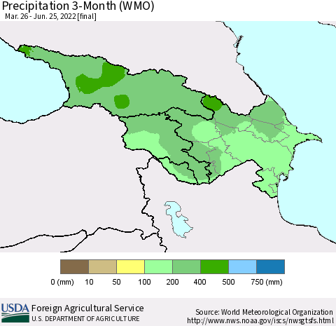Azerbaijan, Armenia and Georgia Precipitation 3-Month (WMO) Thematic Map For 3/26/2022 - 6/25/2022