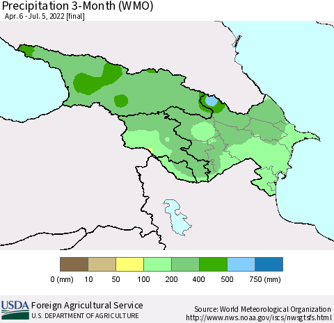 Azerbaijan, Armenia and Georgia Precipitation 3-Month (WMO) Thematic Map For 4/6/2022 - 7/5/2022
