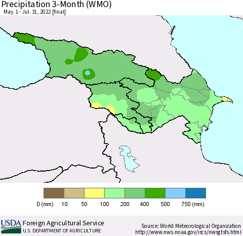 Azerbaijan, Armenia and Georgia Precipitation 3-Month (WMO) Thematic Map For 5/1/2022 - 7/31/2022