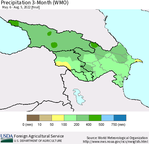 Azerbaijan, Armenia and Georgia Precipitation 3-Month (WMO) Thematic Map For 5/6/2022 - 8/5/2022
