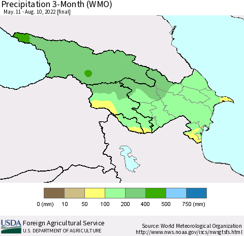 Azerbaijan, Armenia and Georgia Precipitation 3-Month (WMO) Thematic Map For 5/11/2022 - 8/10/2022