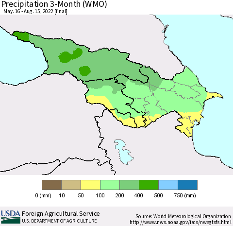 Azerbaijan, Armenia and Georgia Precipitation 3-Month (WMO) Thematic Map For 5/16/2022 - 8/15/2022