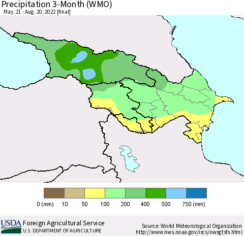 Azerbaijan, Armenia and Georgia Precipitation 3-Month (WMO) Thematic Map For 5/21/2022 - 8/20/2022