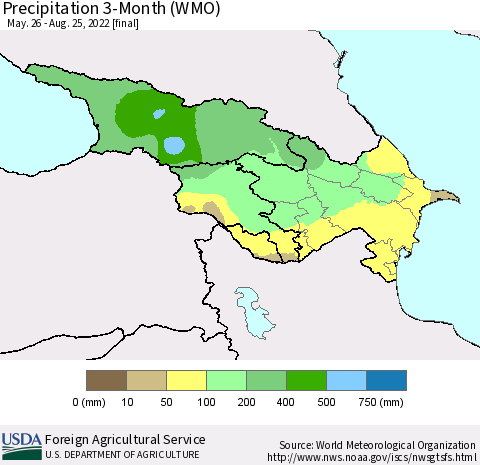 Azerbaijan, Armenia and Georgia Precipitation 3-Month (WMO) Thematic Map For 5/26/2022 - 8/25/2022