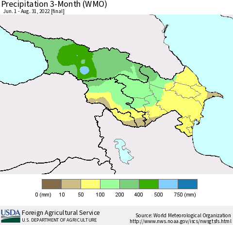 Azerbaijan, Armenia and Georgia Precipitation 3-Month (WMO) Thematic Map For 6/1/2022 - 8/31/2022