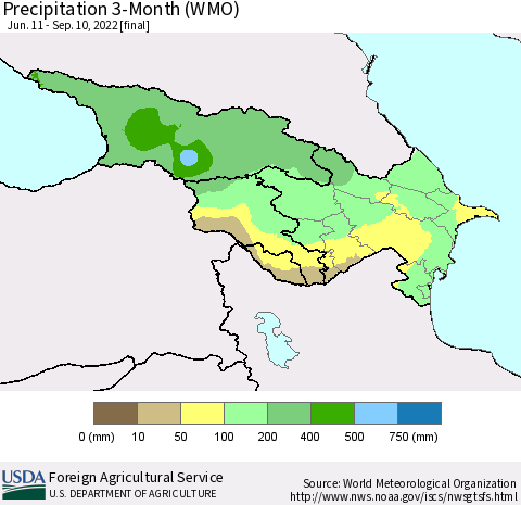 Azerbaijan, Armenia and Georgia Precipitation 3-Month (WMO) Thematic Map For 6/11/2022 - 9/10/2022