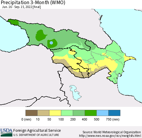 Azerbaijan, Armenia and Georgia Precipitation 3-Month (WMO) Thematic Map For 6/16/2022 - 9/15/2022
