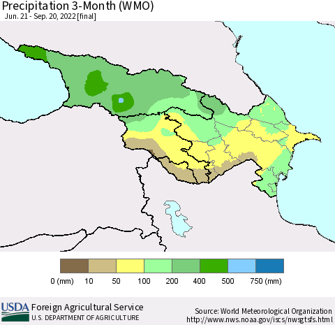 Azerbaijan, Armenia and Georgia Precipitation 3-Month (WMO) Thematic Map For 6/21/2022 - 9/20/2022