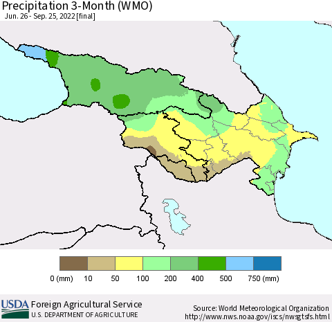 Azerbaijan, Armenia and Georgia Precipitation 3-Month (WMO) Thematic Map For 6/26/2022 - 9/25/2022