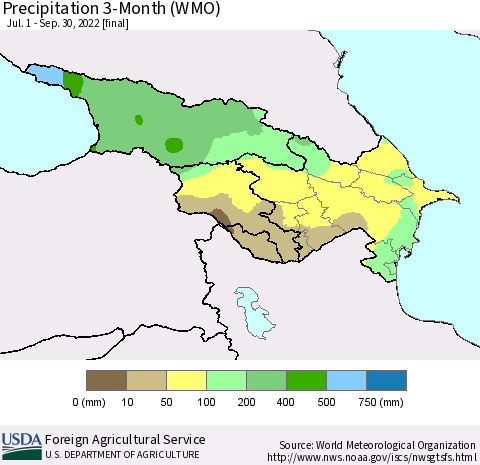 Azerbaijan, Armenia and Georgia Precipitation 3-Month (WMO) Thematic Map For 7/1/2022 - 9/30/2022