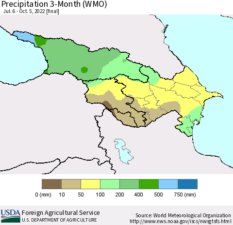 Azerbaijan, Armenia and Georgia Precipitation 3-Month (WMO) Thematic Map For 7/6/2022 - 10/5/2022