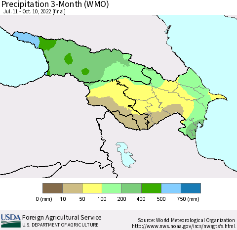 Azerbaijan, Armenia and Georgia Precipitation 3-Month (WMO) Thematic Map For 7/11/2022 - 10/10/2022