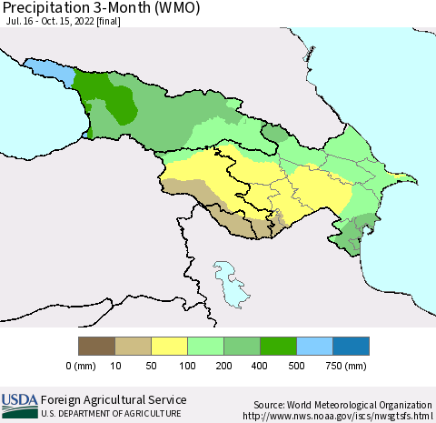Azerbaijan, Armenia and Georgia Precipitation 3-Month (WMO) Thematic Map For 7/16/2022 - 10/15/2022
