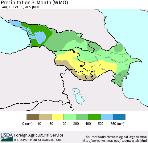 Azerbaijan, Armenia and Georgia Precipitation 3-Month (WMO) Thematic Map For 8/1/2022 - 10/31/2022