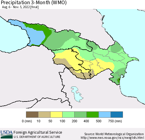 Azerbaijan, Armenia and Georgia Precipitation 3-Month (WMO) Thematic Map For 8/6/2022 - 11/5/2022