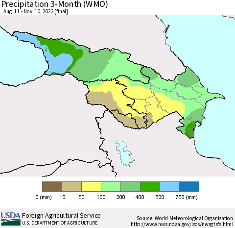 Azerbaijan, Armenia and Georgia Precipitation 3-Month (WMO) Thematic Map For 8/11/2022 - 11/10/2022