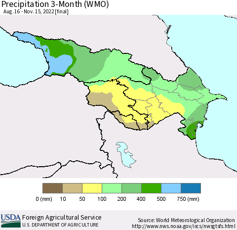 Azerbaijan, Armenia and Georgia Precipitation 3-Month (WMO) Thematic Map For 8/16/2022 - 11/15/2022