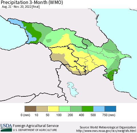 Azerbaijan, Armenia and Georgia Precipitation 3-Month (WMO) Thematic Map For 8/21/2022 - 11/20/2022