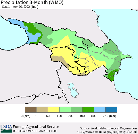 Azerbaijan, Armenia and Georgia Precipitation 3-Month (WMO) Thematic Map For 9/1/2022 - 11/30/2022