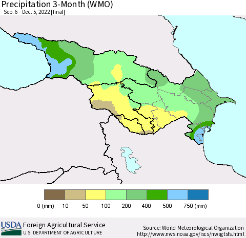 Azerbaijan, Armenia and Georgia Precipitation 3-Month (WMO) Thematic Map For 9/6/2022 - 12/5/2022