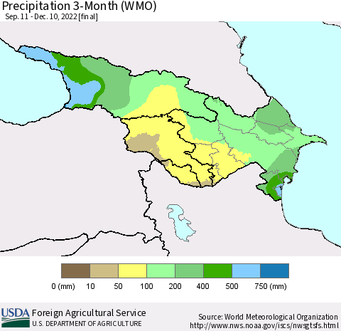 Azerbaijan, Armenia and Georgia Precipitation 3-Month (WMO) Thematic Map For 9/11/2022 - 12/10/2022