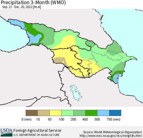 Azerbaijan, Armenia and Georgia Precipitation 3-Month (WMO) Thematic Map For 9/21/2022 - 12/20/2022