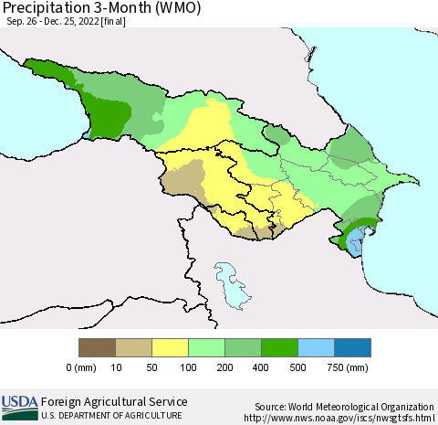 Azerbaijan, Armenia and Georgia Precipitation 3-Month (WMO) Thematic Map For 9/26/2022 - 12/25/2022