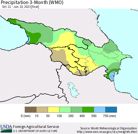 Azerbaijan, Armenia and Georgia Precipitation 3-Month (WMO) Thematic Map For 10/11/2022 - 1/10/2023